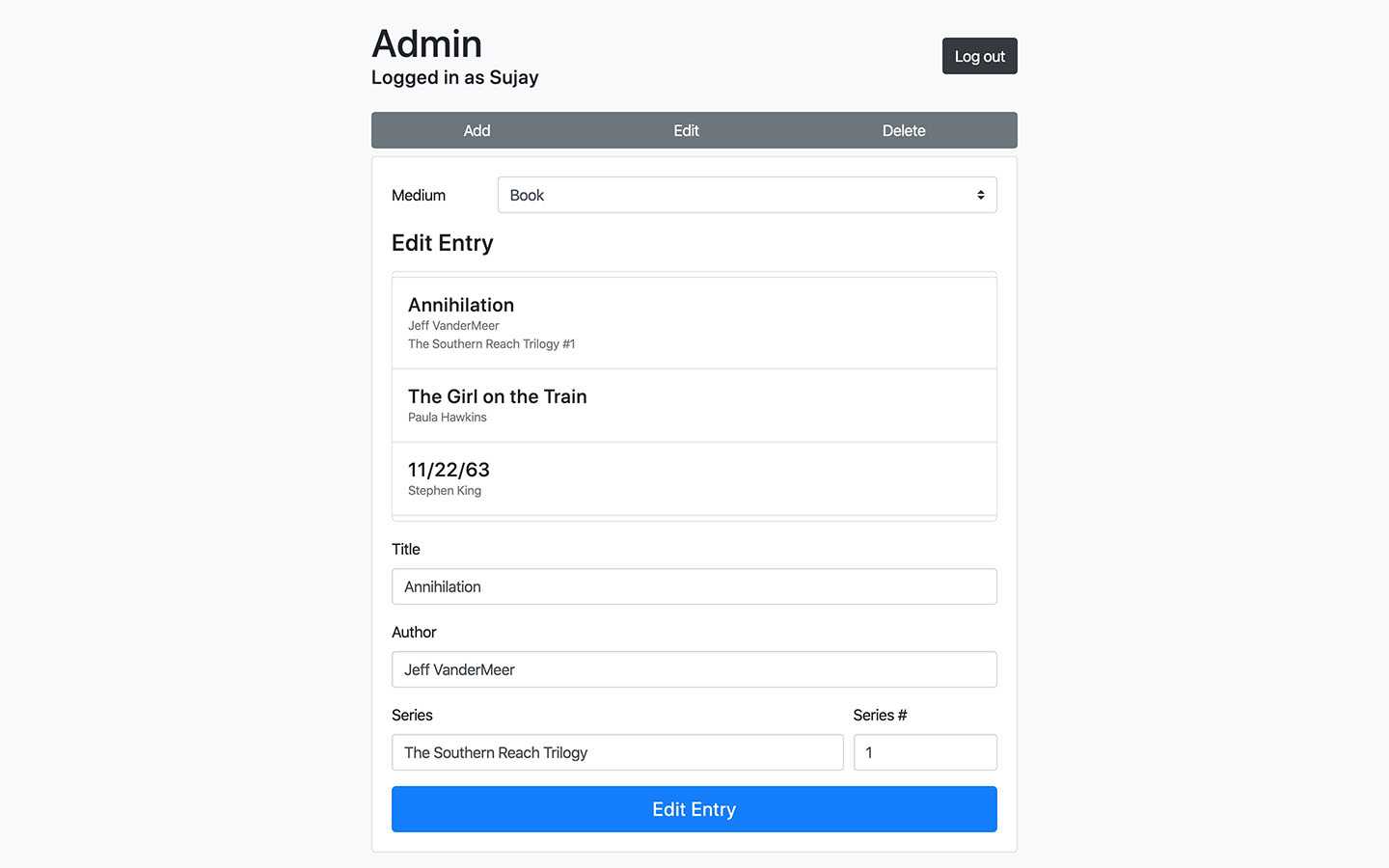 Edit Entry Administration Page
